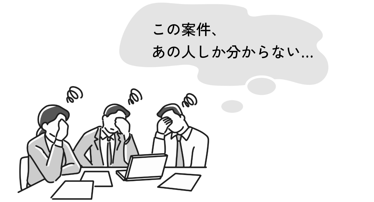 営業チーム内で、一部のメンバーしか案件の情報を把握しておらず、他のメンバーが困っている様子を描いたイラスト。